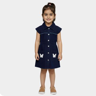 Girls' Deep Midnight Navy Button-Down Denim Frock