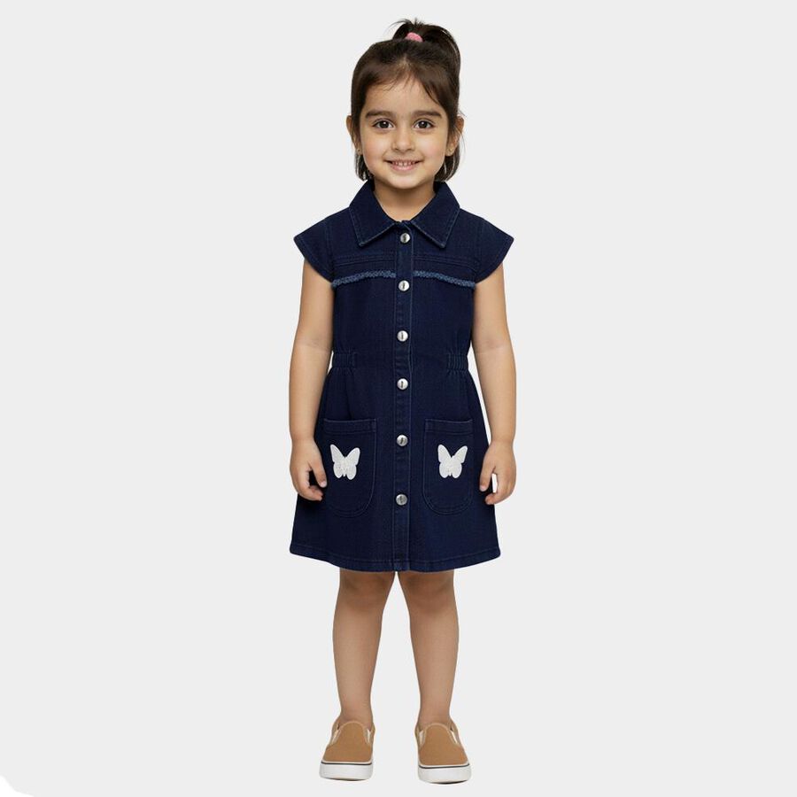 Girls' Deep Midnight Navy Button-Down Denim Frock, Dark Blue, large image number null