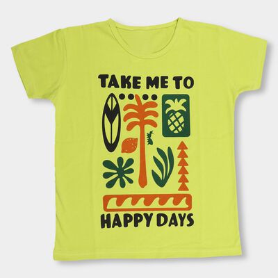Girls' Bright Yellow Cotton Blend Round Neck Casual T-Shirt