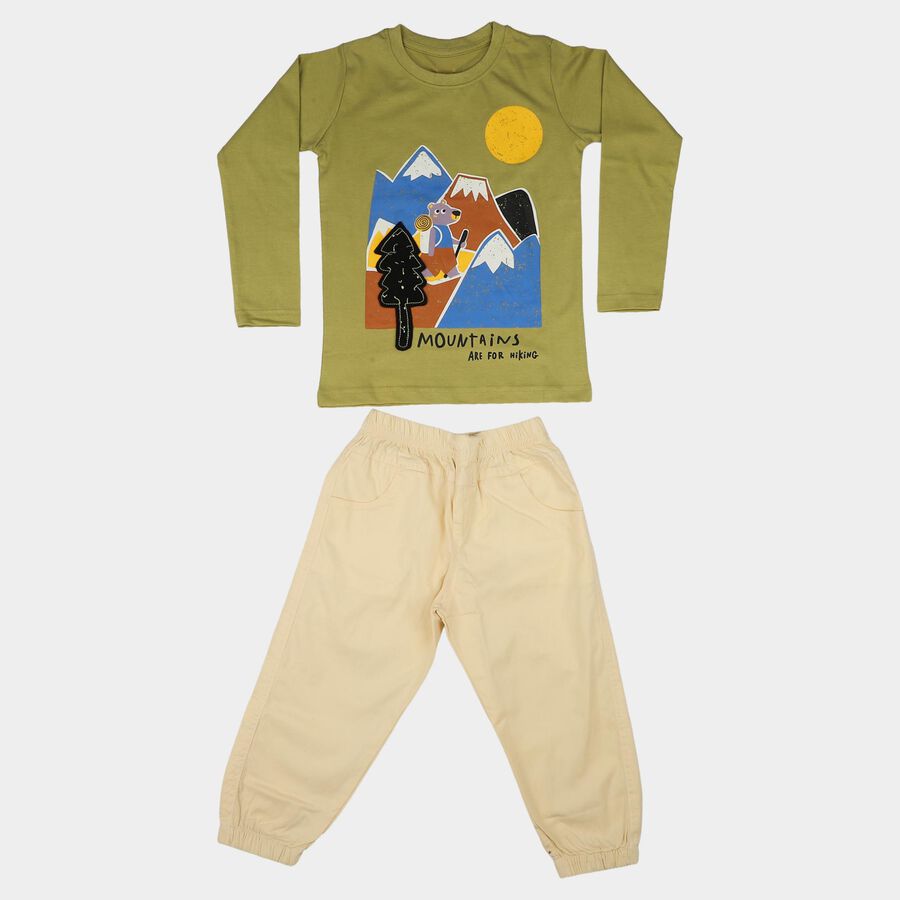 Boys Olive Green 100% Cotton Round Neck Graphic Print Baba Suit, Light Green, large