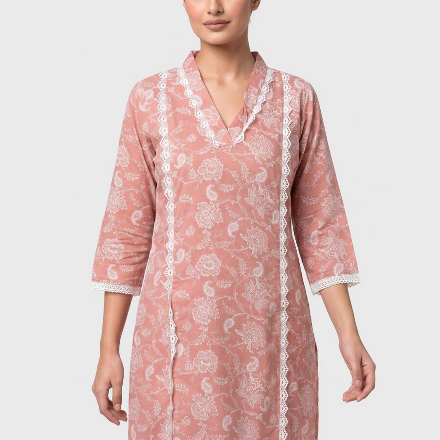 Women's Pink V-Neck Lace Trim Printed Kurta, गुलाबी, large