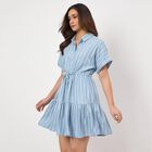 Women's Navy Blue Square Neck Floral Puff Sleeve Dress, Light Blue, small