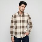 Men's Beige Cotton Long Sleeve Checked Casual Shirt, गहरा पीला, small