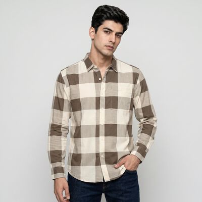 Men's Beige Cotton Long Sleeve Checked Casual Shirt