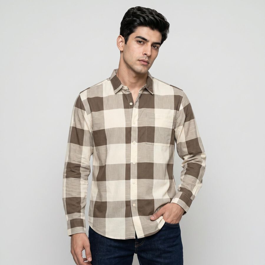 Men's Beige Cotton Long Sleeve Checked Casual Shirt, गहरा पीला, large