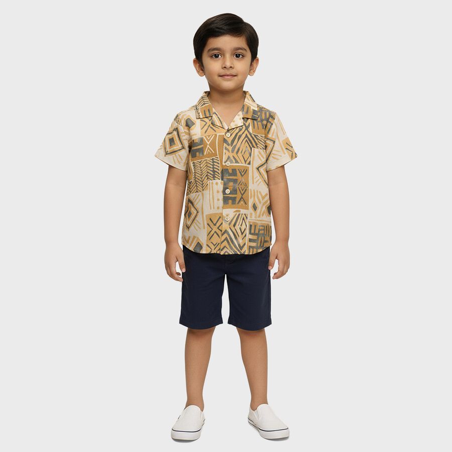Boys Beige and Brown Cuban Collar Casual Shirt, Off White, large