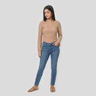 Women's Beige Round Neck Regular Top, गहरा पीला, small