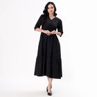 Women's Jet Black Cotton V-Neck Casual Midi Dress, Black, small