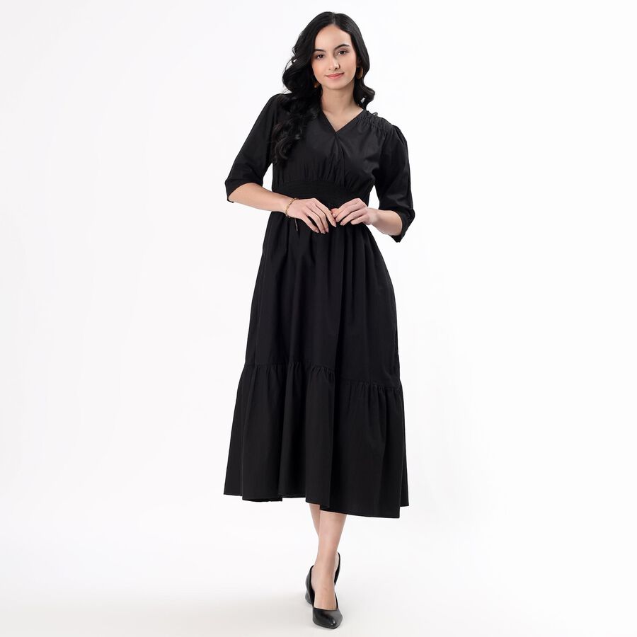 Women's Jet Black Cotton V-Neck Casual Midi Dress, Black, large