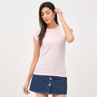 Women's Light Pink Round Neck Striped T-Shirt