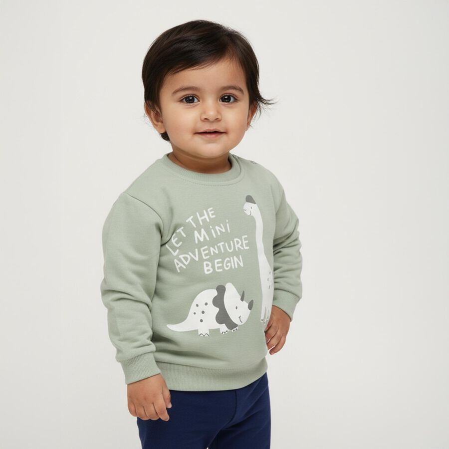 Infants Muted Sage Green Cotton Crew Neck Casual Sweatshirt, हल्का हरा, large image number null