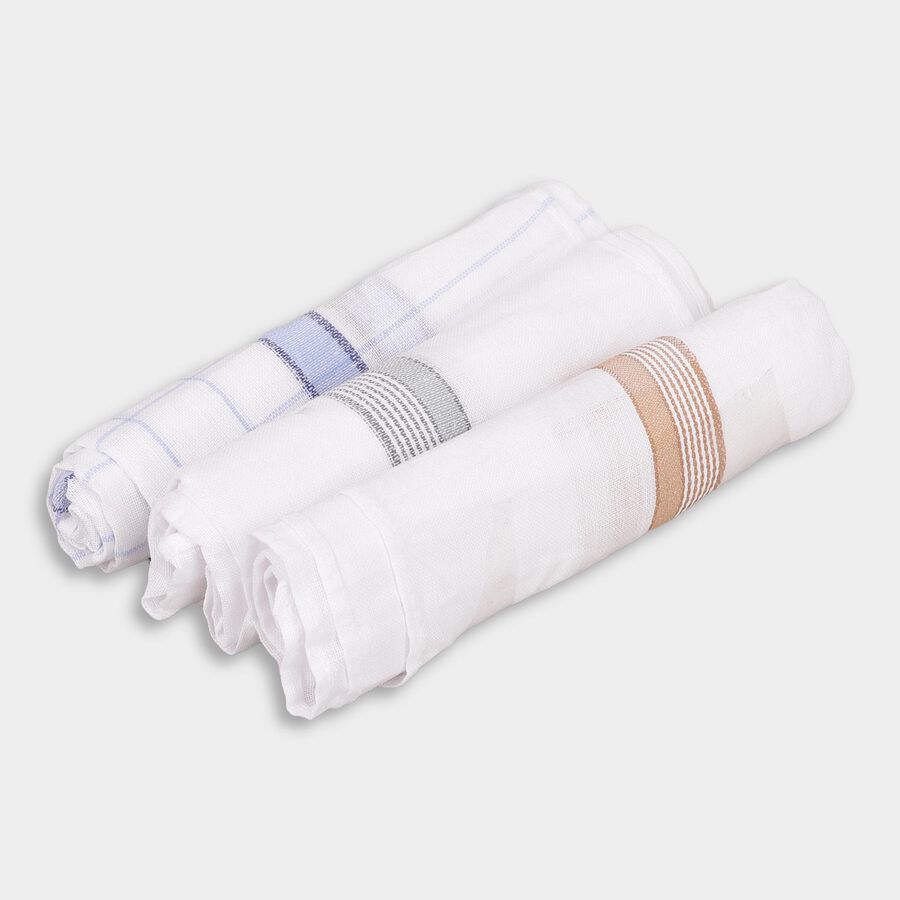 Men's Bright White Striped and Checked Pack of 3 Handkerchief, Light Blue, large