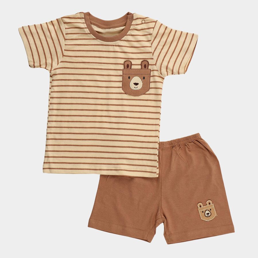 Infants' Beige Cotton Round Neck Short Sleeve Baba Suit, Beige, large