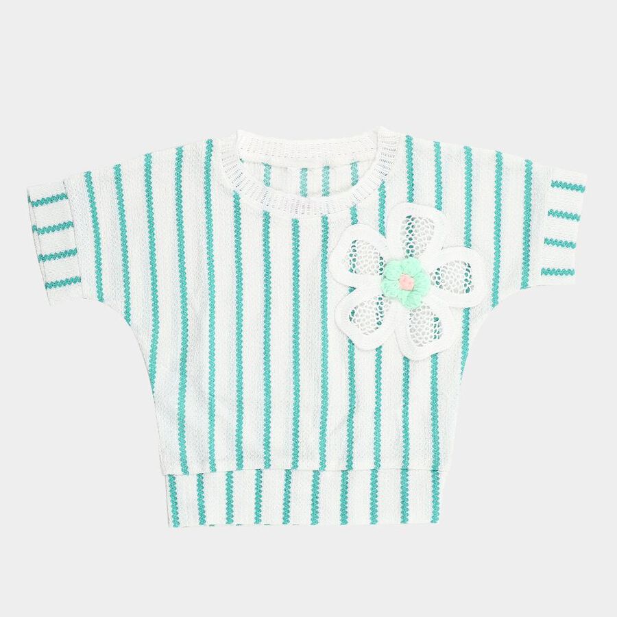 Girls Light Teal and White Round Neck Casual T-Shirt, Light Blue, large