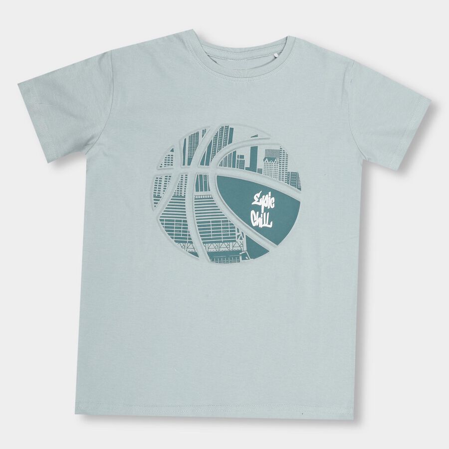 Boys' Light Sage Green Cotton Round Neck Half Sleeve T-Shirt, Light Green, large image number null