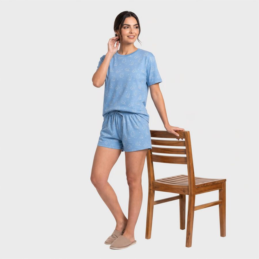 Women's Blue Round Neck Printed Night Suit, मध्यम नीला, large