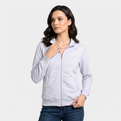 Women Light Blue High Neck Zip-Up Sweatshirt