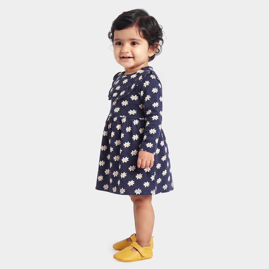 Infants' Navy Blue Floral Printed Fit and Flare Frock, नेवी ब्लू, large