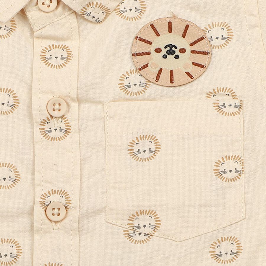 Infants Beige 100% Cotton Animal Print Collar Regular Fit Shirt, Beige, large