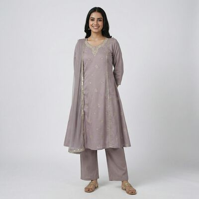 Women's Light Grey Round Neck Straight Kurta