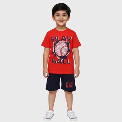 Boys Red Round Neck Printed Baba Suit