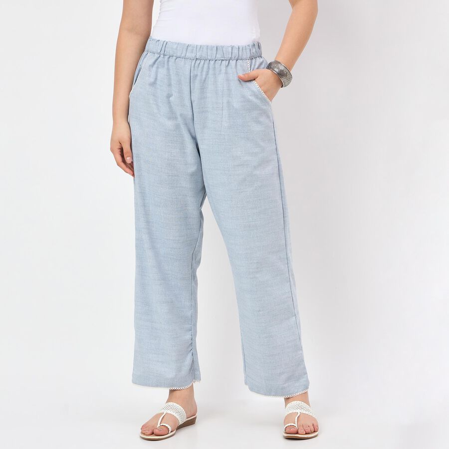 Women's Blue Wide-Leg Solid Palazzos, मध्यम नीला, large