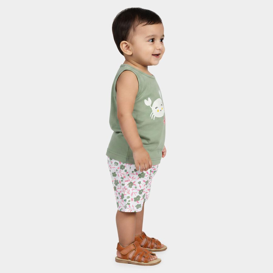 Infants Green Cotton Round Neck Printed Top and Shorts Set, Light Green, large