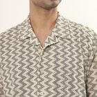 Men's Black and Beige Zigzag Printed Cuban Collar Casual Shirt, Black, small