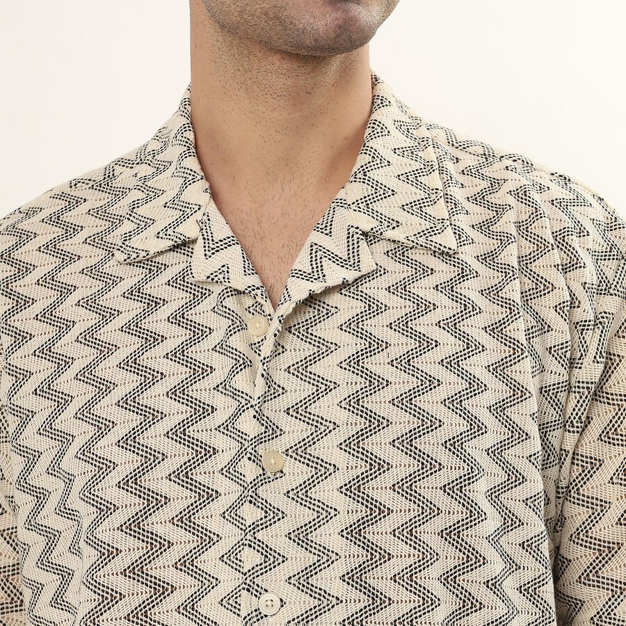 Men's Black and Beige Zigzag Printed Cuban Collar Casual Shirt, Black, large