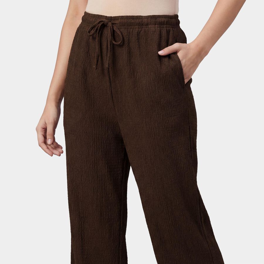 Women's Brown Regular Fit Ribbed Lettuce Hem Pyjama, भूरा, large