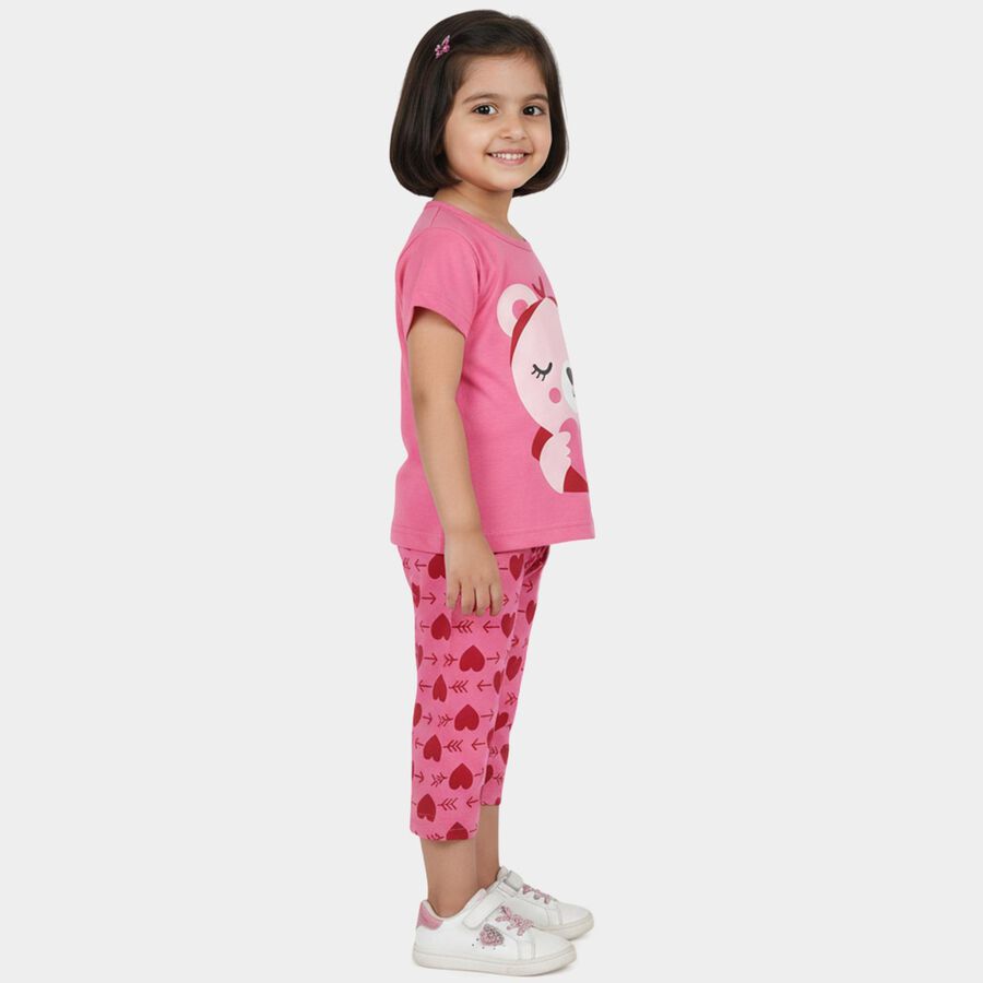 Girls Pink Bear Graphic T-Shirt and Heart Print Capri Set, Pink, large
