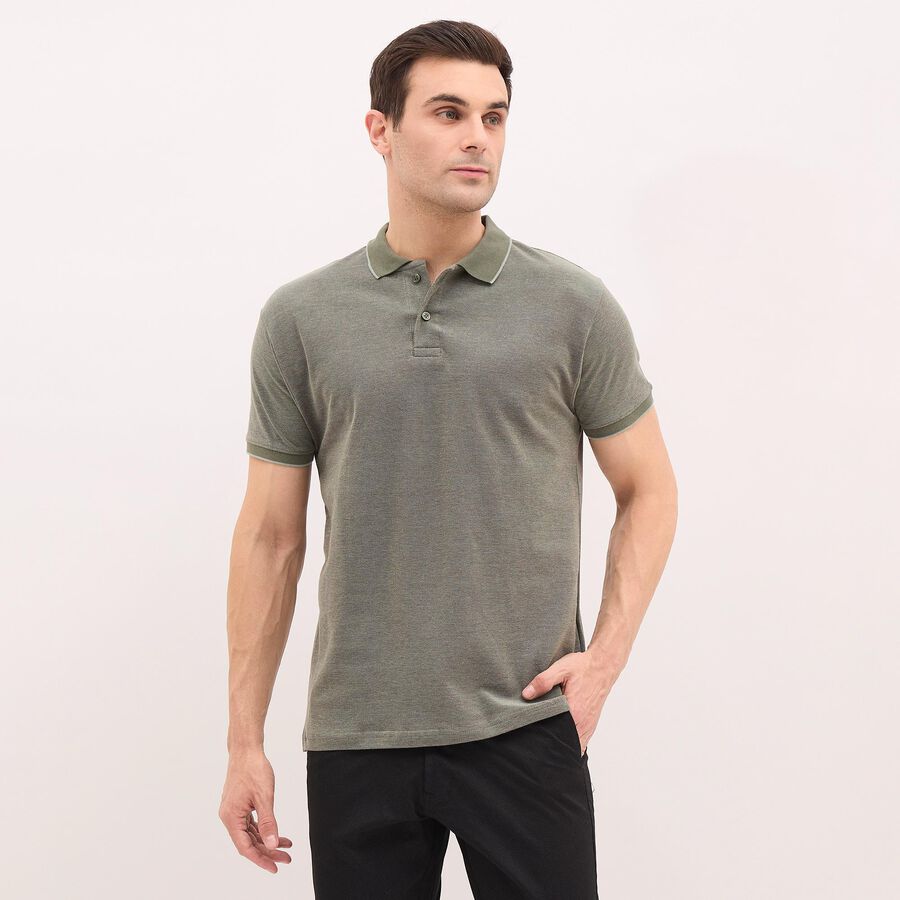 Men's Muted Sage Green Cotton Polo Neck T-Shirt, Light Green, large image number null