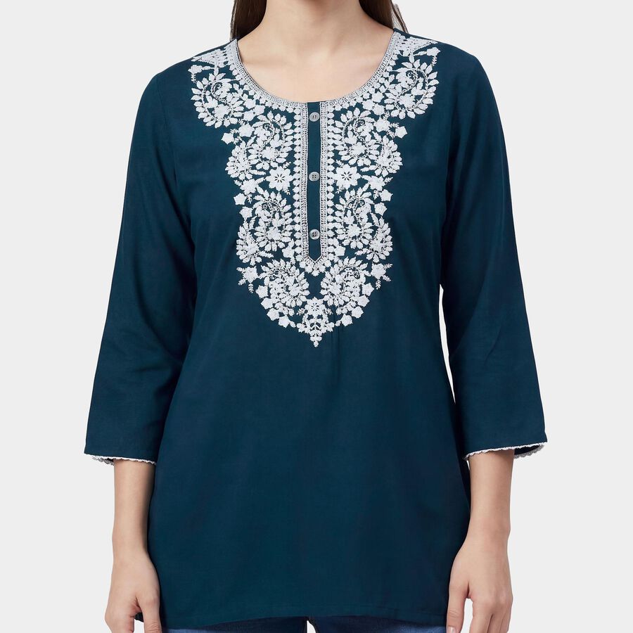 Women's Teal Round Neck Printed Kurti, टील ब्लू, large