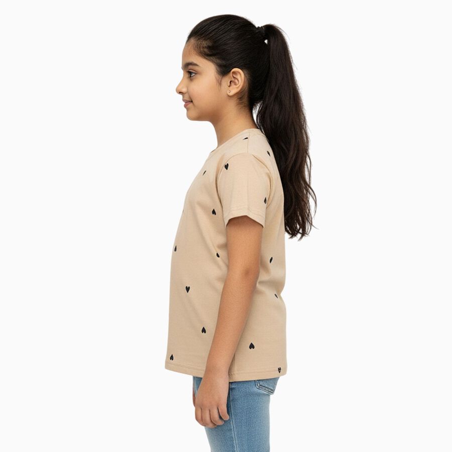 Girls Light Beige Round Neck Casual T-Shirt, Beige, large