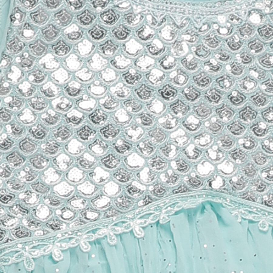Girls Bright Aqua Blue Sequin Sleeveless Top and Tiered Pants Fusion Set, Aqua, large
