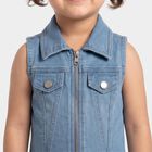 Girls' Light Blue Shift Zip Front Denim Look Frock, मध्यम नीला, small