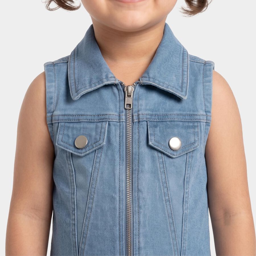 Girls' Light Blue Shift Zip Front Denim Look Frock, मध्यम नीला, large