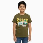 Boys Muted Olive Green Round Neck Casual T-Shirt, Olive, small