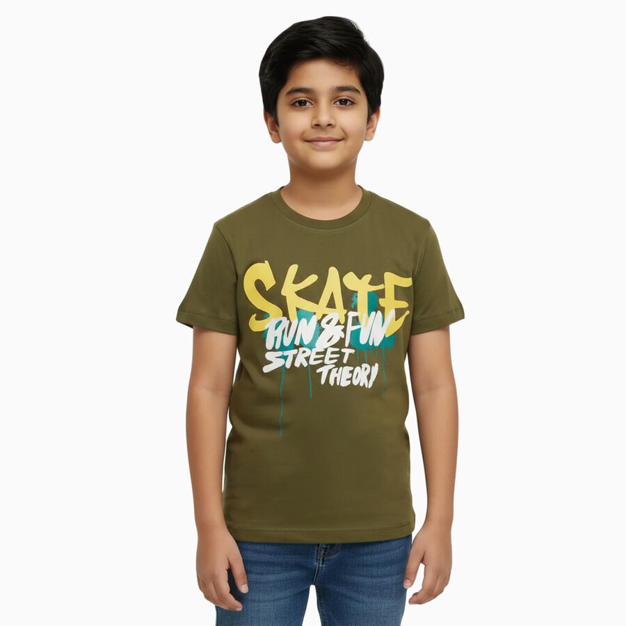 Boys Muted Olive Green Round Neck Casual T-Shirt, Olive, large