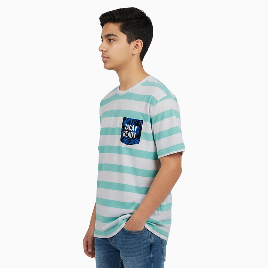Boys Bright Aqua Blue Cotton Crew Neck Casual T-Shirt, Aqua, large