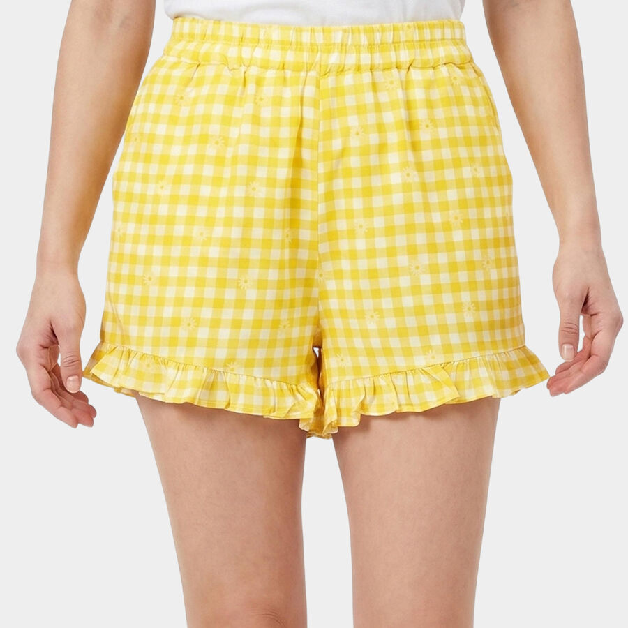 Women's Yellow Regular Fit Gingham Ruffle Hem Shorts, Yellow, large