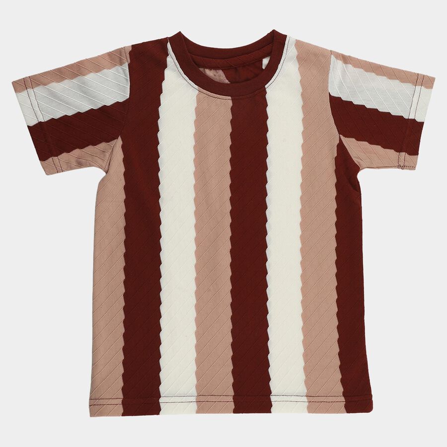 Boys' Maroon Round Neck Vertical Striped T-Shirt, Maroon, large