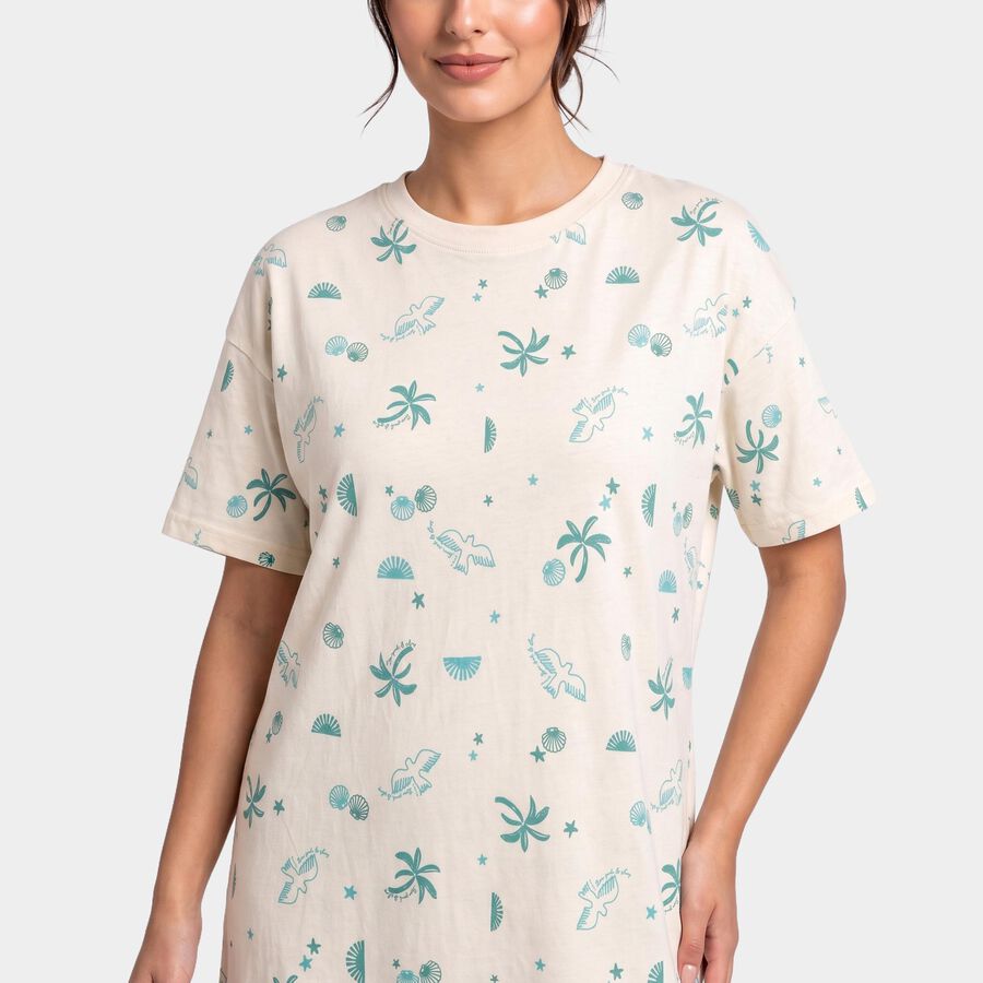 Women's Off White Cotton Round Neck T-Shirt Style Nighty, ऑफ व्हाइट, large