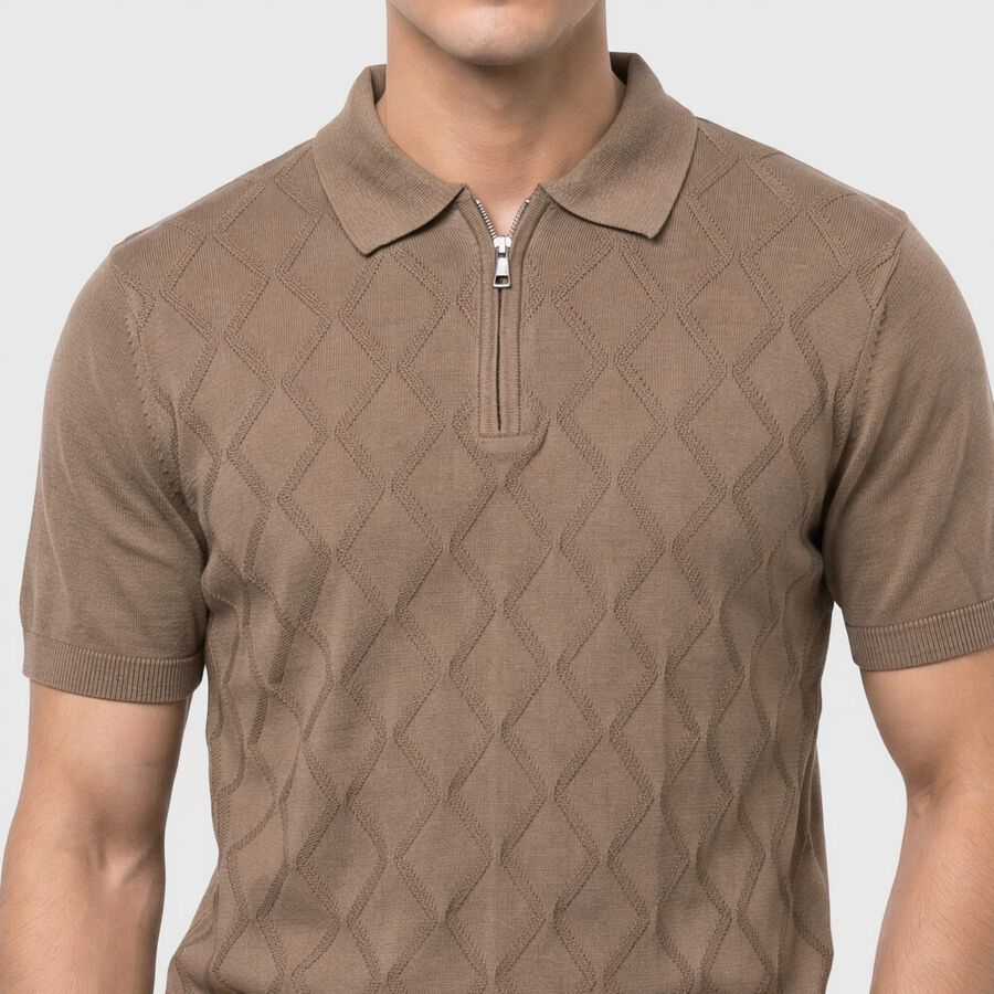 Men's Beige Cotton Polo Neck Geometric Polo T-Shirt, गहरा पीला, large