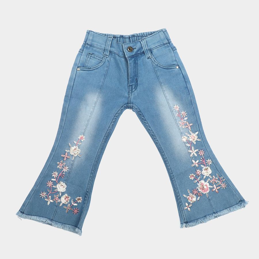 Girls Light Blue Flared Fit Embroidered Jeans, Light Blue, large