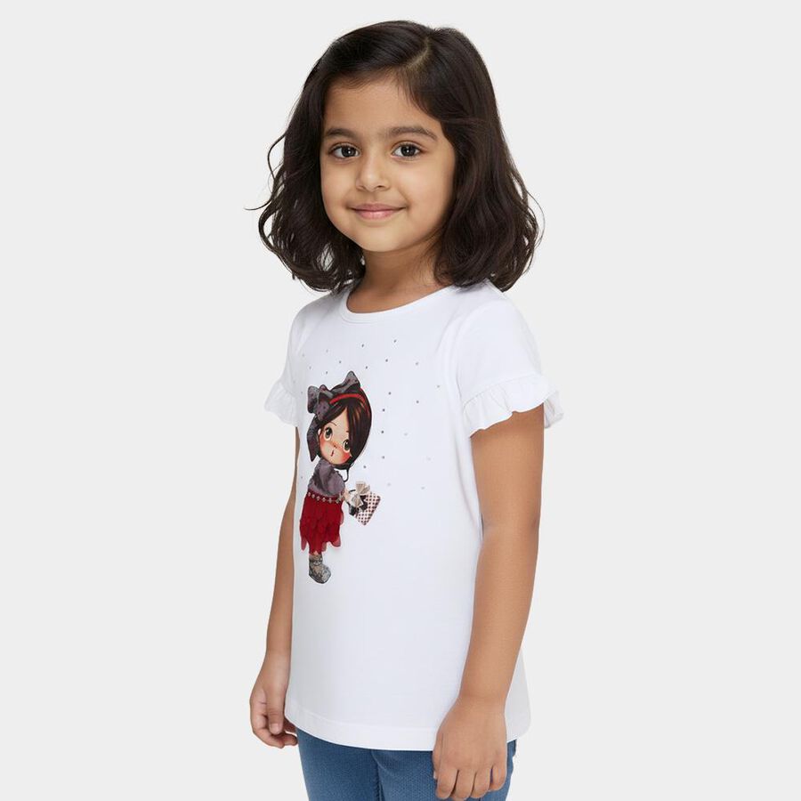 Girls White Cotton Round Neck Casual T-Shirt, सफ़ेद, large