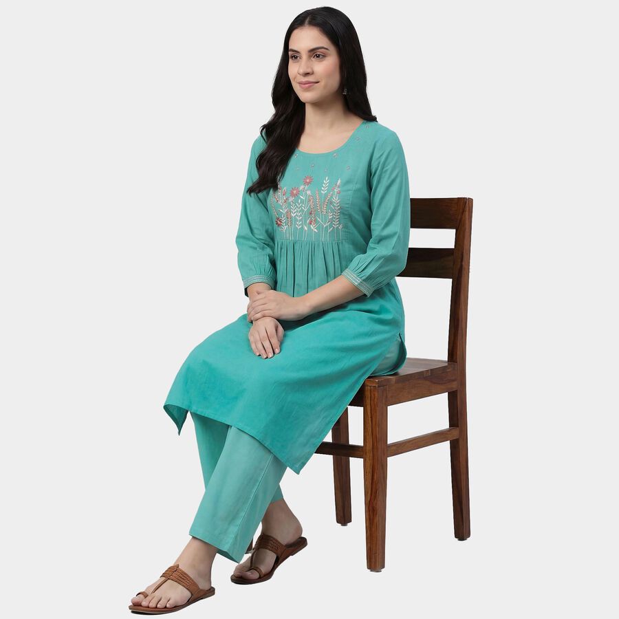 Women's Mint 100% Cotton V-Neck Floral Printed Kurta, Light Green, large