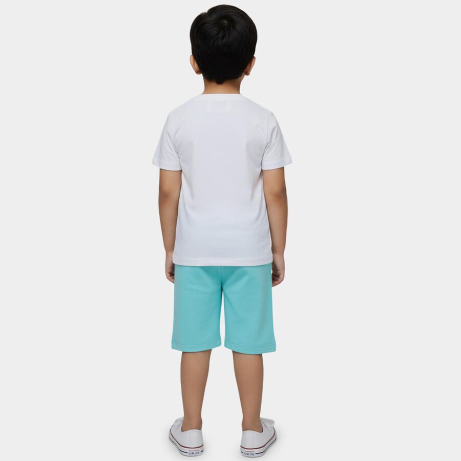 Boys' White Cotton Round Neck Cartoon Print Baba Suit, White, large