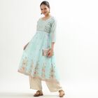 Ladies' Light Aqua Blue Round Neck Embroidered Flared Kurta, Aqua, small image number null