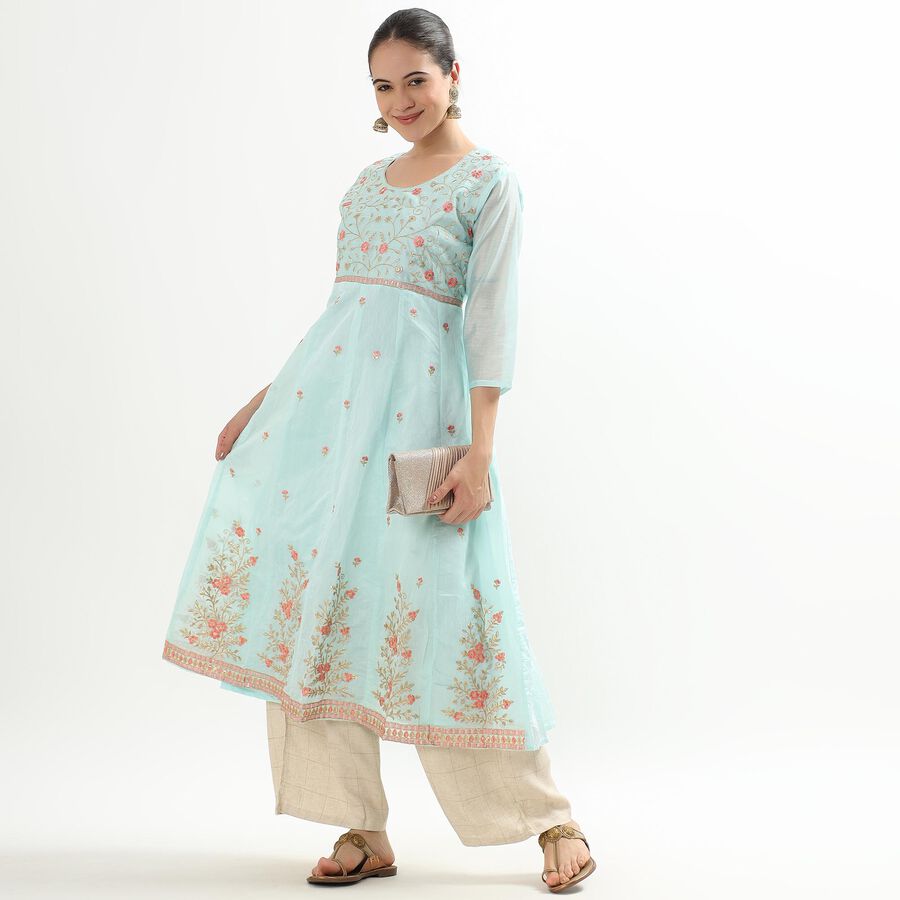 Ladies' Light Aqua Blue Round Neck Embroidered Flared Kurta, Aqua, large image number null